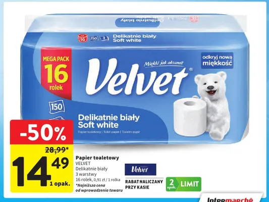 Papier toaletowy Velvet Delikatnie biały Soft white promocja w Intermarche