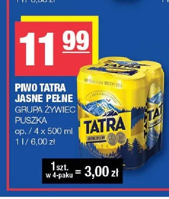 Piwo Tatra Jasne Pełne 4-pak promocja w SPAR