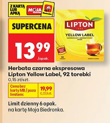 Herbata czarna ekspresowa Lipton Yellow Label promocja w Biedronka