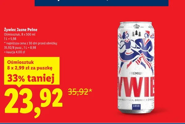 Piwo Żywiec Jasne Pełne ośmiosztuk promocja w Lidl
