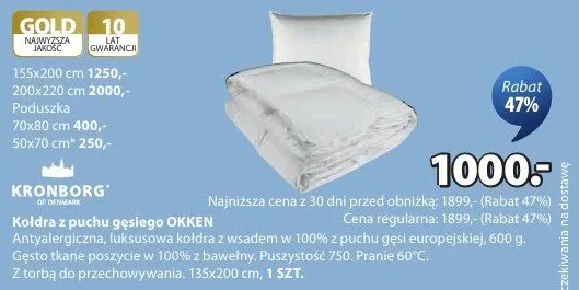 Kołdra z puchu gęsiego Okken antyalergiczna, luksusowa w 100% z puchu gęsi europejskiej, gęsto tkane poszycie w 100% z bawełny Puszystość 760 135x200cm promocja w Jysk
