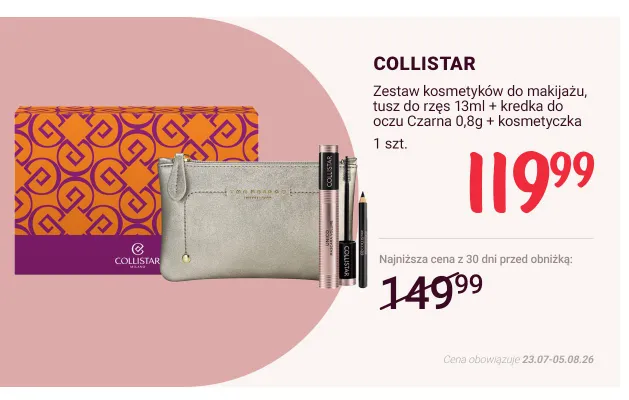 Zestaw kosmetyków do makijażu COLLISTAR tusz do rzęs 13 ml + kredka do oczu Czarna 0,8 g + kosmetyczka promocja w Rossmann