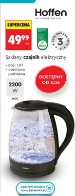 Szklany czajnik elektryczny Hoffen 1,8l 2200W promocja w Biedronka