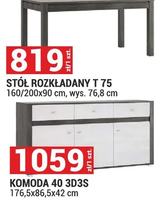 Stół rozkładany T 75 160/200x90cm wys. 76,8cm promocja w Merkury Market