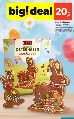 Zestaw do dekorowania pierniczkowego zająca zawiera: piernikowe elementy zająca, cukier puder (250 g), żelki (30 g) oraz cukierki (20 g) promocja w Dealz