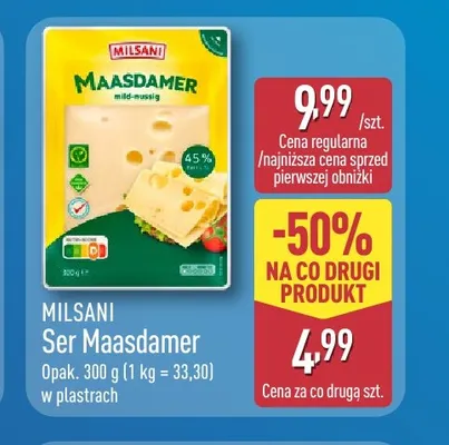 Ser maasdamer w plastrach Milsani promocja w Aldi