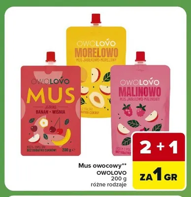 Mus jabłko banan wiśnia Owolovo promocja w Carrefour Express