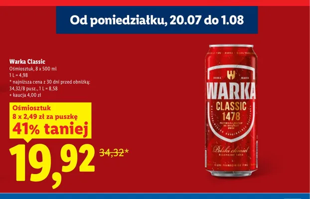 Piwo Warka Classic 8-pak 500 ml promocja w Lidl