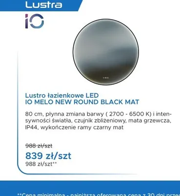 Lustro łazienkowe LED IO Melo New Round Black Mat promocja w Blu Salony Łazienek