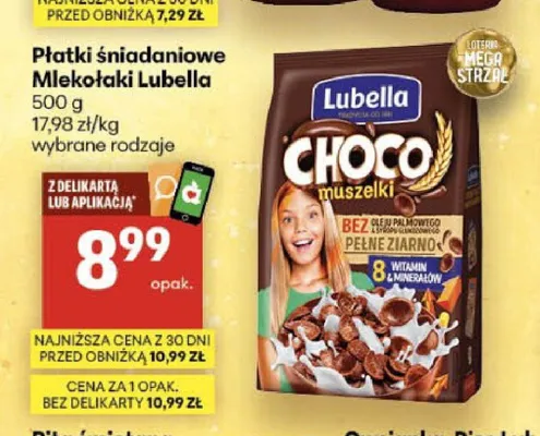 Płatki śniadaniowe Mlekołaki Choco muszelki Lubella promocja w Delikatesy Centrum