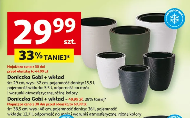 Doniczka Gobi + wkład śr.29cm wys.32cm pojemność donicy 15,5l pojemność wkładu 5,5l odporność na mróz i warunki atmosferyczne promocja w Auchan