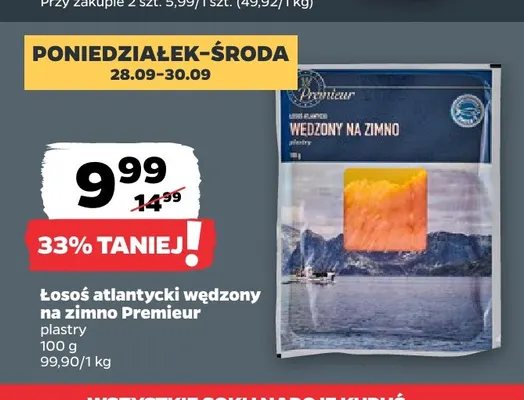 Łosoś atlantycki wędzony na zimno plastry Premieur promocja w Netto