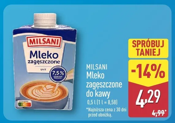 Mleko zagęszczone do kawy  promocja w Aldi