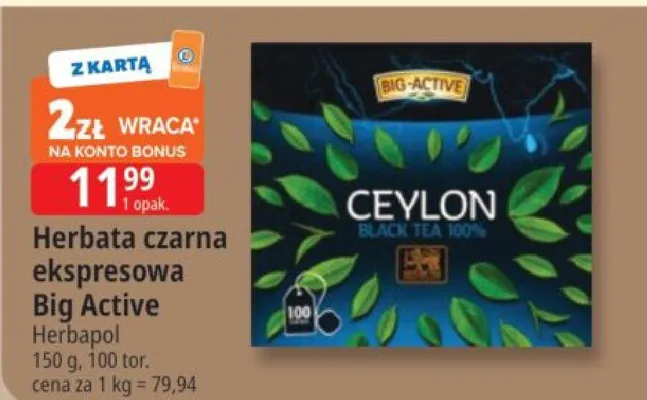 Herbata czarna ekspresowa Ceylon Big Active Herbapol promocja w Leclerc