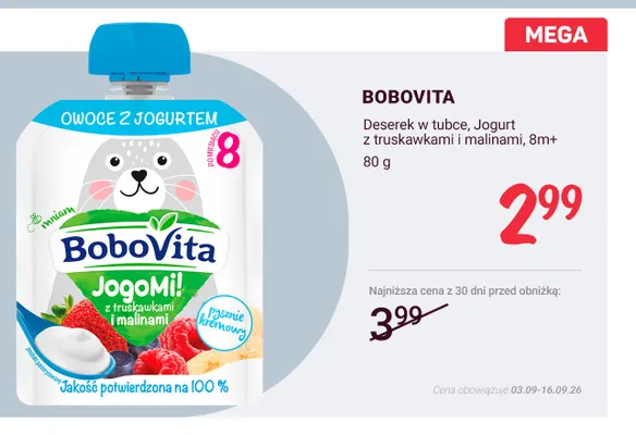 Deserek w tubce jogurt z truskawkami i malinami 8 m+ BoboVita promocja w Rossmann