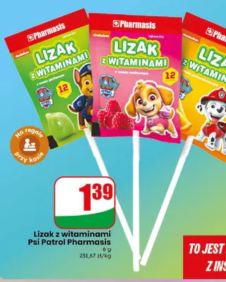 Lizak z witaminami malinowy Psi Patrol Pharmasis promocja w Dino