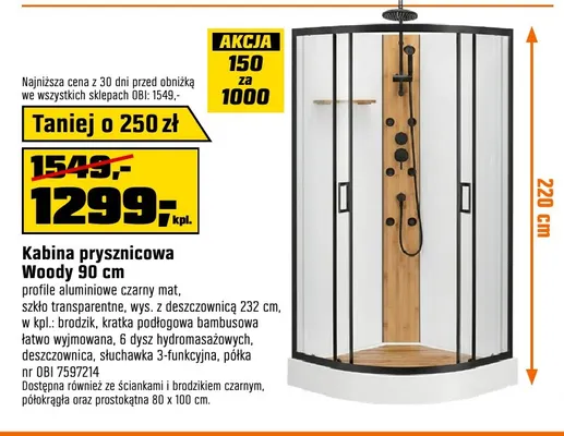 Kabina prysznicowa Woody 90 cm promocja w OBI