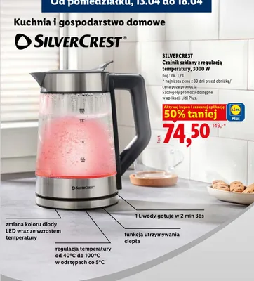 Czajnik szklany z regulacją temperatury 3000W Silvercrest promocja w Lidl