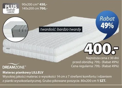 Materac piankowy DREAMZONE LILLELV 80x200cm promocja w Jysk