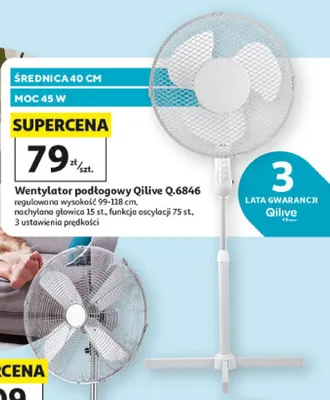 Wentylator podłogowy Qilive Q.6846 średnica 40cm moc 45W regulowana wysokość 99-118cm nachylana głowica 15 st. funkcja oscylacji 75 st. 3 ustawienia prędkości promocja w Auchan
