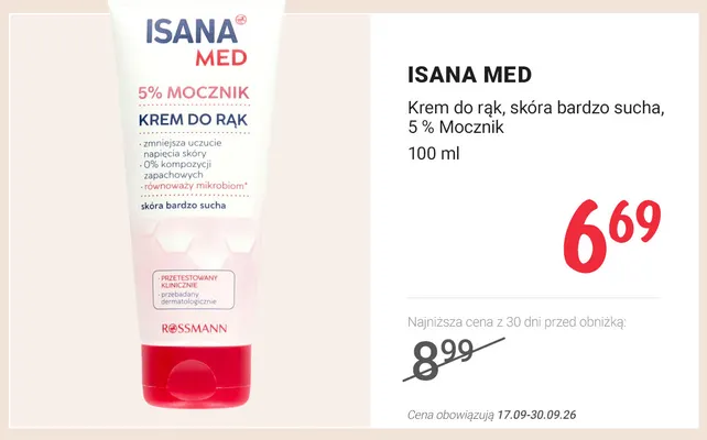 Krem do rąk skóra bardzo sucha 5% mocznik Isana Med promocja w Rossmann