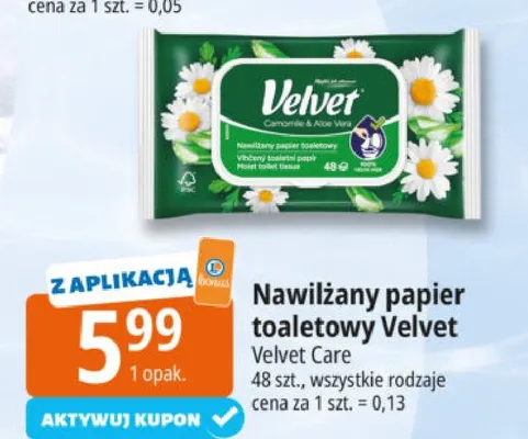 Nawilżany papier toaletowy Velvet Velvet Care promocja w Leclerc