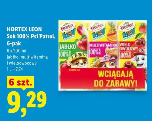 Sok 100% Psi Patrol wieloowocowy Hortex Leon promocja w Lidl