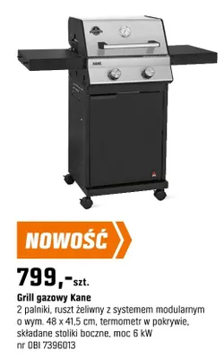 Grill gazowy 2 palniki, ruszt żeliwny z systemem modularnym o wym. 48 x 41,5 cm, termometr w pokrywie, składane stoliki boczne, moc 6 kW promocja w OBI