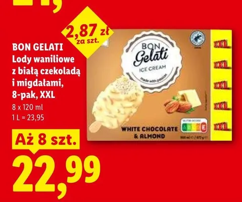 Lody waniliowe z białą czekoladą i migdałami White Chocolate & Almond BON GELATI 8-pak XXL promocja w Lidl