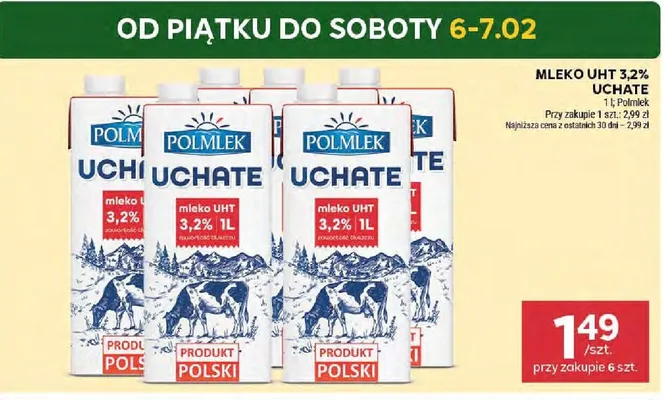 Mleko UHT 3,2% UCHATE POLMLEK 1l promocja w Stokrotka
