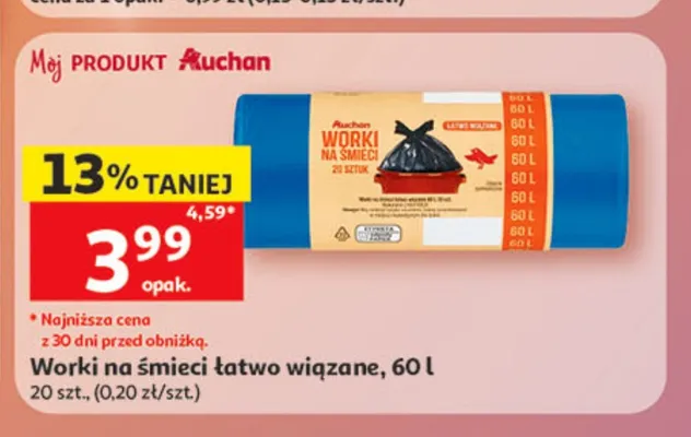 Worki na śmieci łatwo wiązane Auchan 60l promocja w Auchan