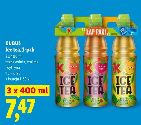 Napój Ice tea brzoskwinia, malina i cytryna Kubuś 3-pak 400ml promocja w Lidl