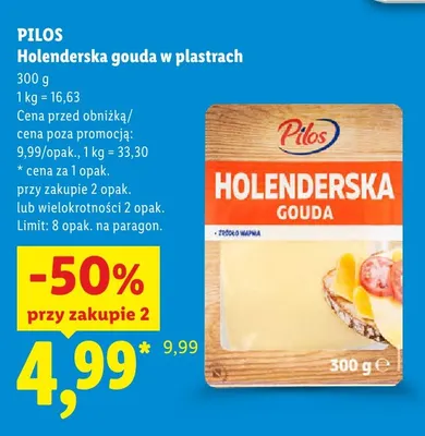 Ser Holenderska gouda w plastrach Pilos promocja w Lidl