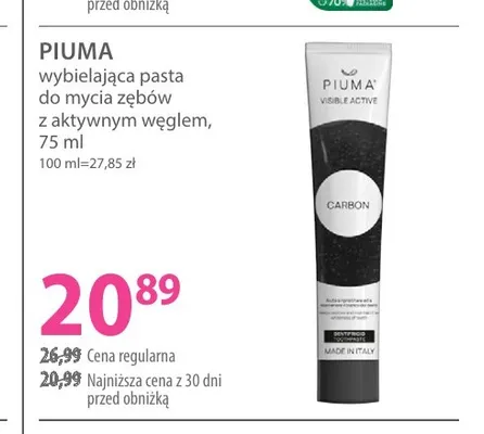 Wybielająca pasta do mycia zębów z aktywnym węglem Piuma promocja w Hebe