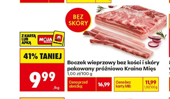 Boczek wieprzowy bez kości i skóry pakowany próżniowo Kraina Mięs promocja w Biedronka