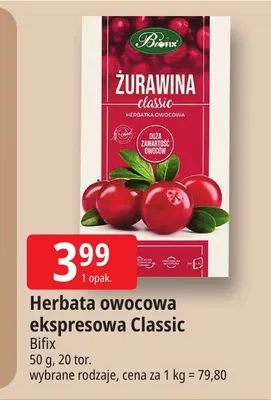 Herbata owocowa ekspresowa Classic Żurawina Bifix promocja w Leclerc