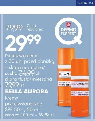 Krem przeciwsłoneczny BELLA AURORA skóra normalna/sucha SPF 50+ promocja w Super-Pharm