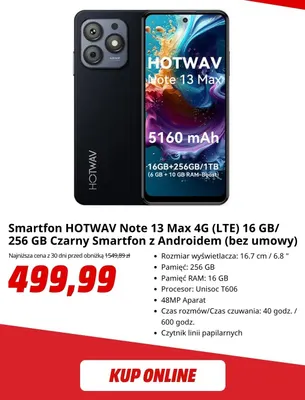 Smartfon Hotwav Note 13 Max 4 g (LTE) 16 GB/256 Gb czarny promocja w Media Markt