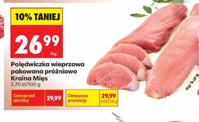 Polędwiczka wieprzowa pakowana próżniowo Kraina Mięs promocja w Biedronka