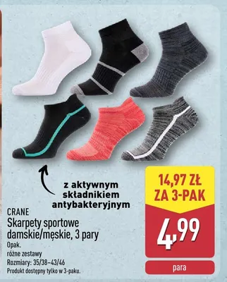 Skarpety sportowe damskie/męskie Crane z aktywnym składnikiem antybakteryjnym rozmiary 35/38-43/46 promocja w Aldi