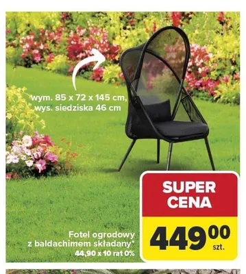 Fotel ogrodowy z baldachimem składany wym. 85x72x145cm wys. siedziska 46cm promocja w Carrefour