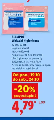 Wkładki higieniczne large Siempre promocja w Lidl