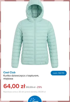 Kurtka dziewczęca z kapturem miętowa Cool Club promocja w Smyk