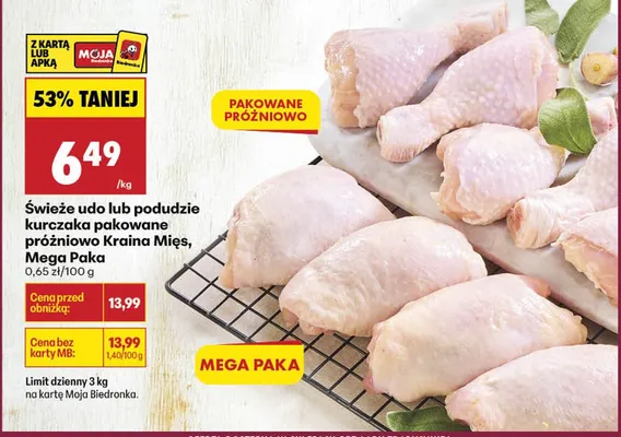 Świeże udo lub podudzie kurczaka pakowane próżniowo promocja w Biedronka