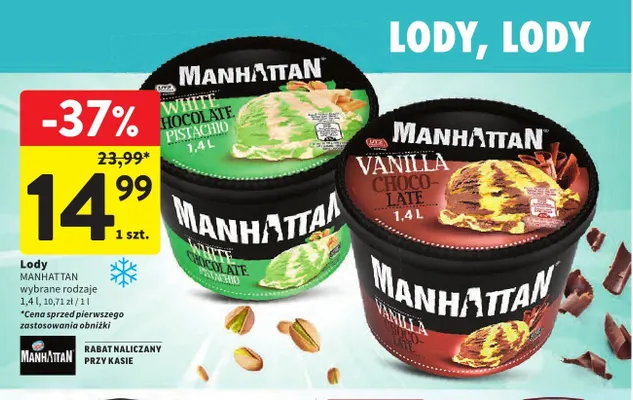 Lody Manhattan White Chocolate Pistachio promocja w Intermarche
