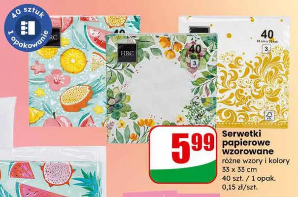 Serwetki papierowe wzorowane różne wzory i kolory 33 x 33 cm promocja w Dino