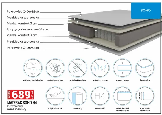 Materac SOHO H4 kieszeniowy promocja w Merkury Market