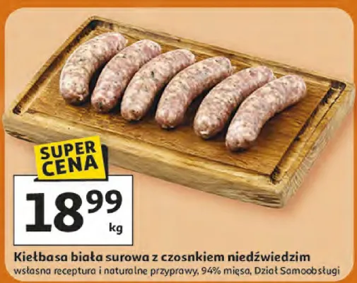 Kiełbasa biała surowa z czosnkiem niedźwiedzim własna receptura i naturalne przyprawy, 9.4% mięsa promocja w Auchan