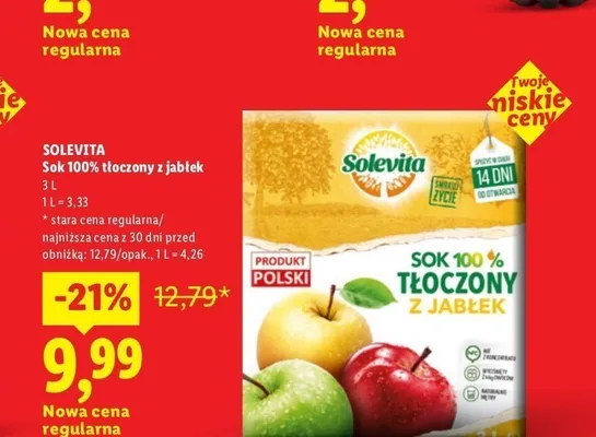 Sok 100% tłoczony z jabłek Solevita promocja w Lidl