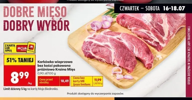 Karkówka wieprzowa bez kości pakowana próżniowo Kraina Mięs promocja w Biedronka